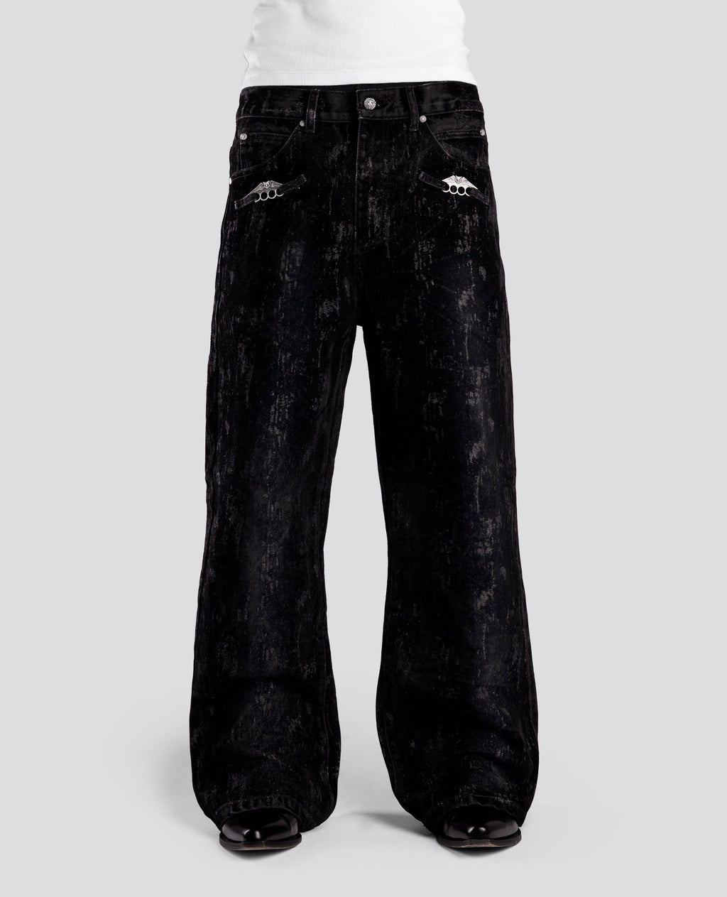 BLACK KNUCKLE BOOTCUT VELVET PANTS